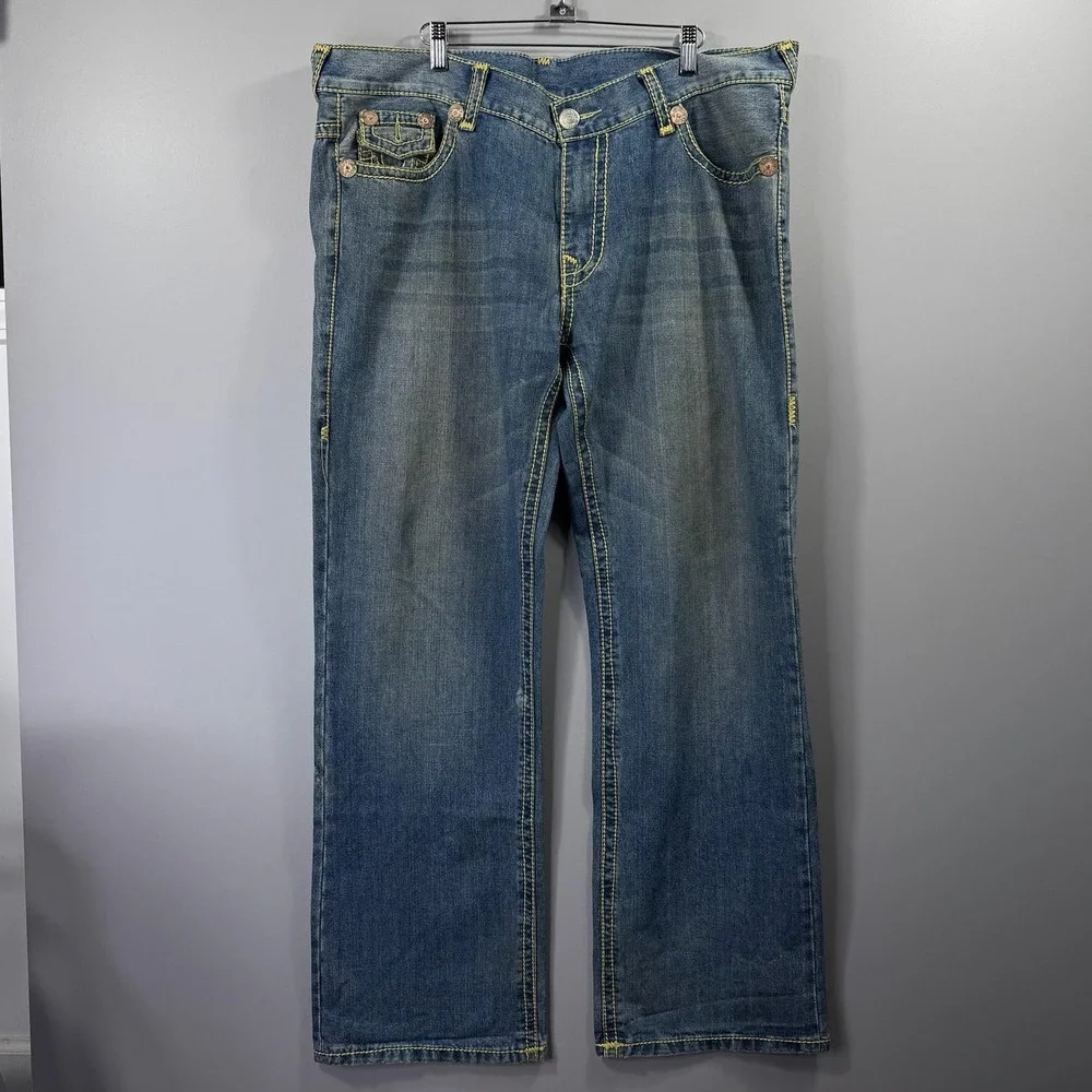 True Religion Billy Super T Jeans Mens 40x32 Blue Denim Relaxed Bootcut USA